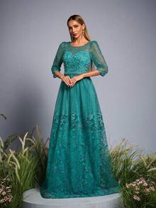 Anpoket 新款圆领刺绣撞色蕾丝钉珠晚礼服，优雅女士连衣裙 - 薄荷藍 - 查看 6