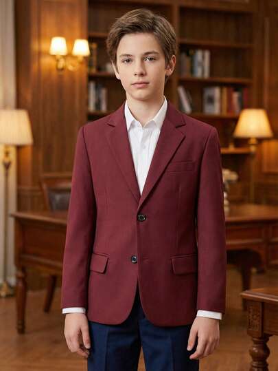 10-16岁男童正式西装外套，纽扣开襟，翻领，酒红色