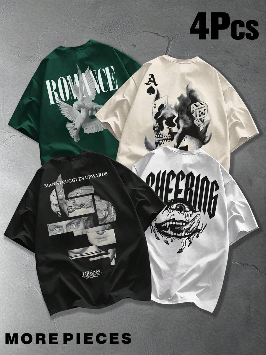Zrgoth 4pcs Men's Casual Versatile Simple English Slogan Graphic Print Short Sleeve T-Shirts - Multicolor - View 1
