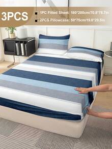 2/3pcs Fluffy & Soft Bed Sheet Set, Includes Fitted Sheet & Mattress Protector, Wrinkle-Resistant, Breathable, Deep Pocket Design, Anti-Pilling, Stretchy, Quiet & Non-Slip, Suitable For All Bed Types, Home/Dorm Bedroom Decor, Machine Washable, Skin-Friendly, All Season, Durable, Easy Care, Modern Aesthetic Design, Contrast Stripe Print - Multicolor - View 14