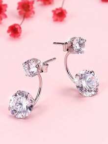 1 Pair S925 Sterling Silver Simple Double Diamond Convertible Stud Earrings, Sparkling Zirconia Hanging Earrings, Elegant Daily Wear Earrings, Versatile Gift