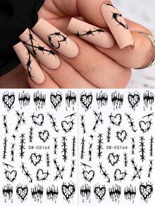 3D哥特式黑色爱心美甲贴纸 2片装 镂空爱心缝线涂鸦条纹美甲设计 DIY Y2K情人节自粘美甲沙龙贴纸 滑动式美甲装饰 美甲用品 指甲 - 黑色 - 查看 2
