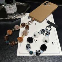 Cordón para teléfono de moda para otoño/invierno con pompón de piel, estampado de leopardo, cadena de muñeca con cristales, accesorio colgante de estética de lujo, brazalete suave y sencillo en negro y blanco - Multicolor - Ver 7