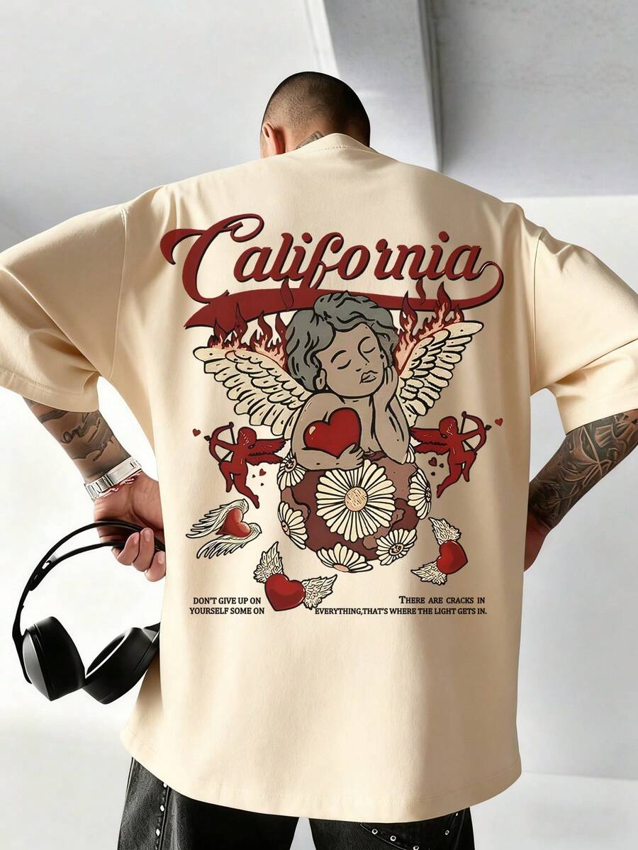 Men's Casual Versatile Simple Graphic Print Short Sleeve T-Shirt - Apricot - View 1