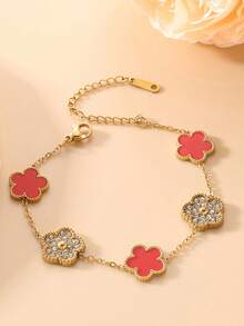 1pc Stainless Steel Fashionable Chic 5-Petal Flower Laser Bracelet For Women - Five-leaf Flower Diamond Bracelet - View 8