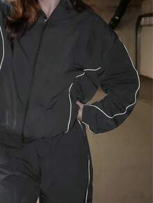 Women's Casual Sports Tracksuit, Zip-Up Jacket And Pants Set For Running, Outdoor, Hiking, Fitness - Black - View 4
