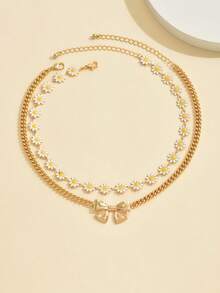 2pcs/Set Summer Daisy Metal Bow Tie Jewelry Necklace, Dopamine Trending Alloy Flower Pendant Necklace, Fashionable Bow Tie Necklace For Women, Suitable For Daily Wear - Multicolor - View 2