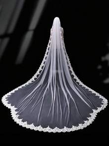 1pc 4m Luxury Lace Applique Bridal Veil, Suitable For Cathedral Wedding - Milky - View 2