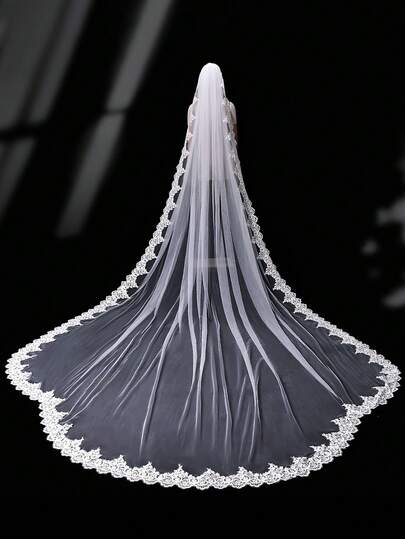 1pc 4m Luxury Lace Applique Bridal Veil, Suitable For Cathedral Wedding