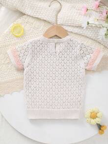 Baby Girls' Cute Sweet Hollow Design + Clever Contrast Sleeve Knit Crew Neck T-Shirt, Breathable And Cooling, Suitable For Summer Indoor Or Layering - 杏色 - 查看 7