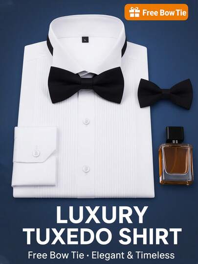1pc Men's Tuxedo Shirt With Wing Collar, Pleated Front Design, Free Black Bow Tie Included, Classic Elegant Formal Shirt For Wedding Party