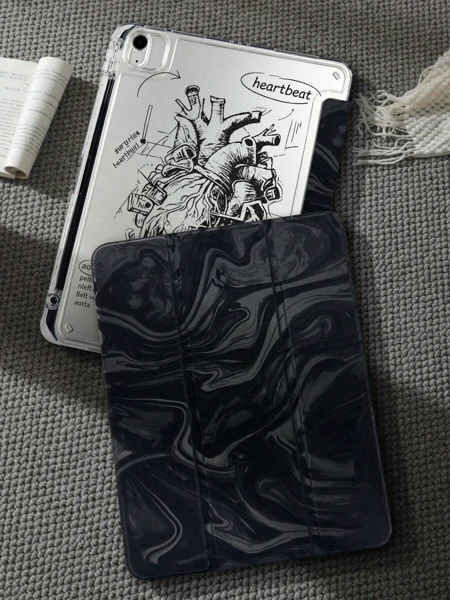 1个透明亚克力闪光绒心形iPad保护套，适用于iPad Mini 6/Mini 7/Air 1/Air 2/9.7/10.2/10.5/Air 4/Air 5/10.9/Pro 11/第十代/Air 11英寸(M2)-2024/Pro 11英寸(M4)-2024/Air 11英寸(M3)-2025/(A16) 11英寸第11代2025款，三折式平板电脑保护套，带笔槽，简约/可爱/高端/个性化/创意