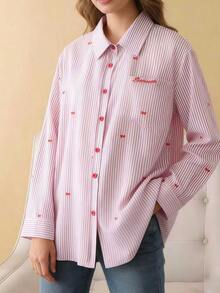 Women's Fashionable Pink Striped Long Sleeve Shirt With Embroidered Collar Detail, Regular Hem Woven Fabric - Pink - View 6