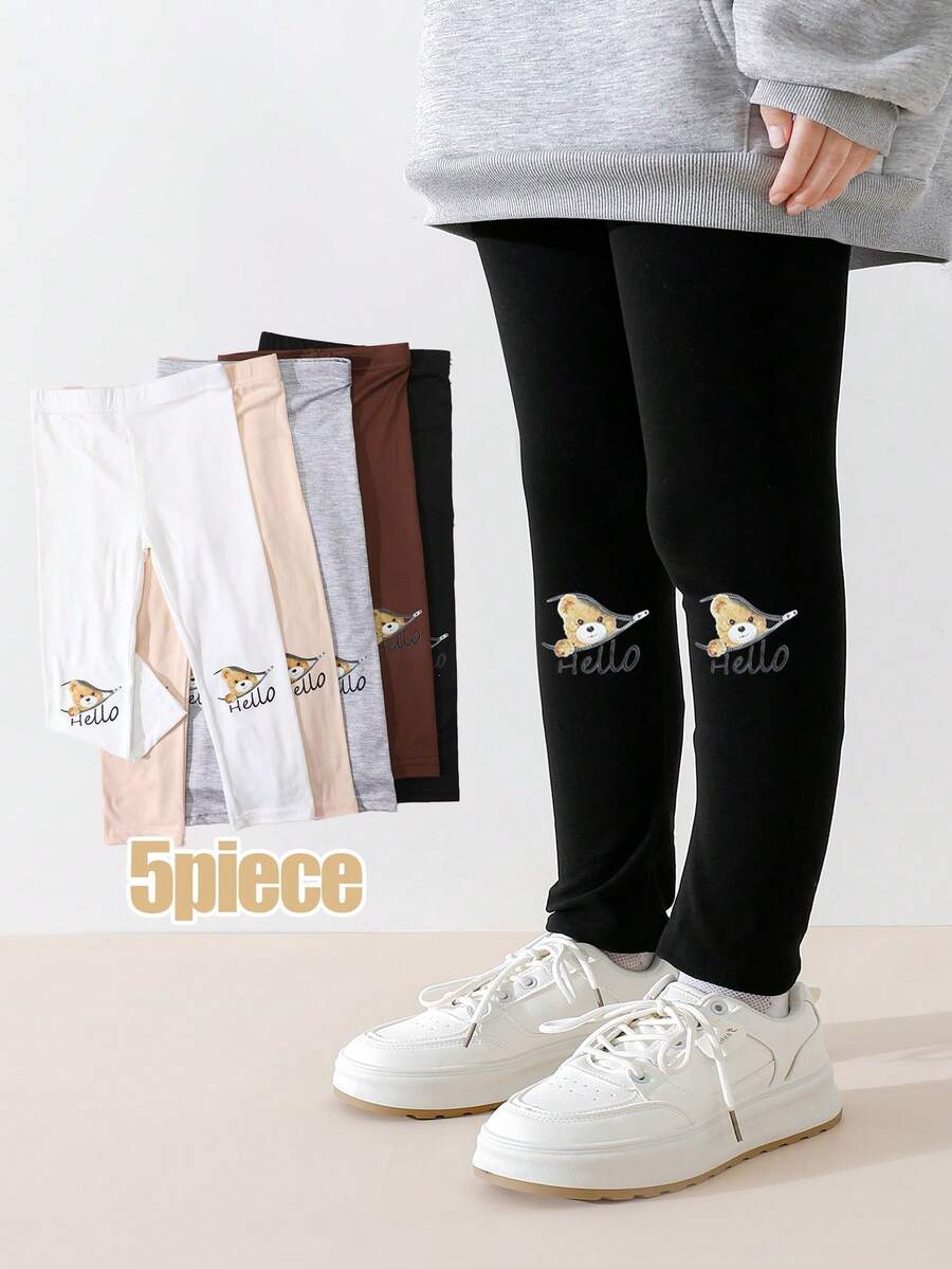 5 đôi quần legging bó sát in hình hoạt hình dễ thương cho bé gái, đa năng cho mặc hàng ngày, phù hợp mọi mùa. - Nhiều màu - Xem 1