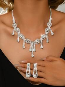 Luxury Rhinestone Fringe Bridal Necklace Earrings Set, Sexy Alloy Jewelry With Sparkling Rhinestones For Parties And Holidays, Thanksgiving Elegant Accessories For Women - Two Pieces Set - Silver - View 14