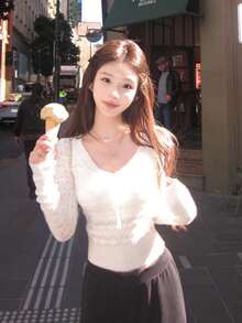 Hollow Wave V-Neck Knit Top For Women, Autumn, Design Sense Tie-Up Long Sleeve Sweater - White - View 4