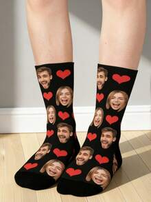 1 Pair Unisex Customized Face & Heart Print Black Knit Comfortable & Romantic Personalized Socks, Suitable For Anniversary/Gift Occasions
