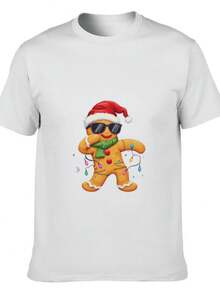 Novedad de Navidad Camiseta negra con el patrón del hombre de jengibre con gorro de Navidad, gafas y bufanda - Blanco - Ver 1