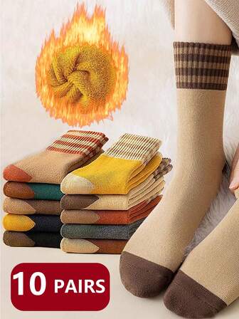 4/5/10 pares de calcetines gruesos para hombres y mujeres, de otoño/invierno, calcetines de tripulación forrados de felpa cálida, calcetines suaves y esponjosos a rayas de Maillard, unisex