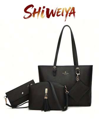 New European And American Style Large Capacity 4-Piece Solid Color Maternity Bag Set, Crosshatch Tote Bag, Vintage Shoulder Messenger Handbag, School Supplies,School Backpack,School Bag,School Bag Set,School Bookbag,Large Capacity,Business Casual,Portable,Lightweight, Suitable For Teen Girls Women College Students,White-Collar Workers,Rookies & White-Collar Workers, Perfect For Back To School,College,First Day Of School,Middle School, High School,Work , Business, Commute, Fashion Bookbag With Pencil Pouch