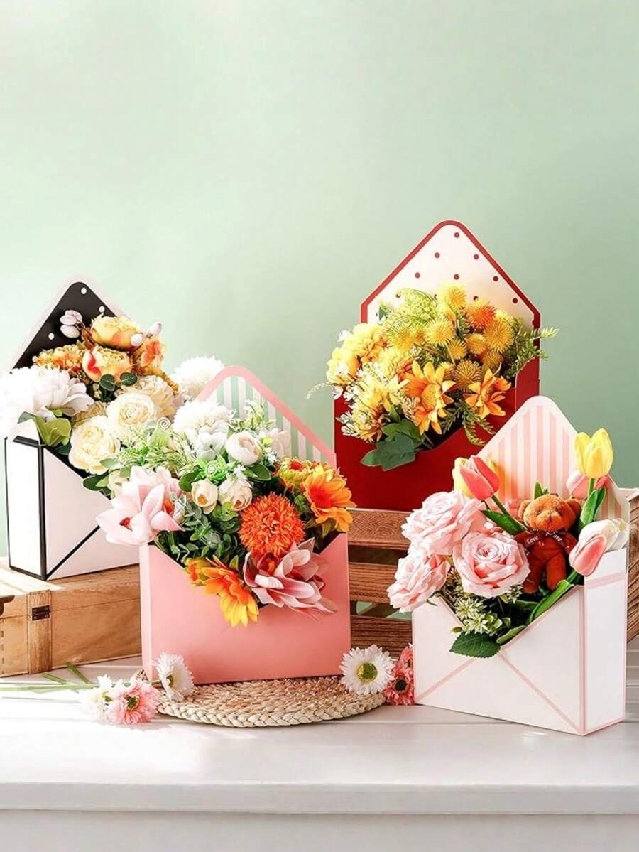 2个信封式折叠花盒，花店花束包装盒 - 色彩鲜艳 - 耐用纸板材质 - 适用于鲜花、礼品、婚礼、派对装饰 - 花店和家庭使用的理想之选，结构坚固耐用 - 彩色 - 查看 1