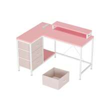 Mesa Esquinera en Forma de L con Tomas de Corriente y Luces LED | Estación de Trabajo Ergonómica para Oficina en Casa - Rosa - Ver 7