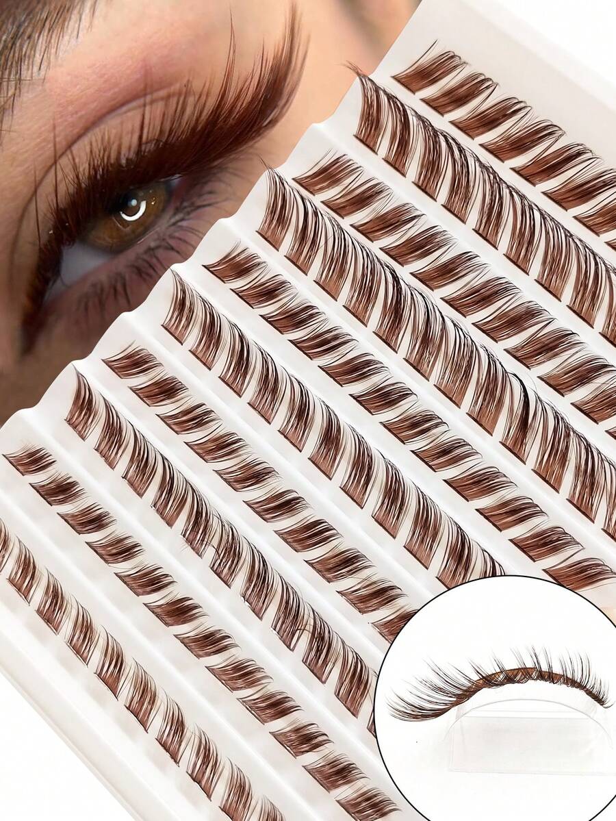 Rikuaild 100/110/120片装 D型卷翘棕色猫眼/狐狸眼单根假睫毛，DIY簇状假睫毛，3D浓密蓬松假睫毛，可重复使用 - D - 查看 1