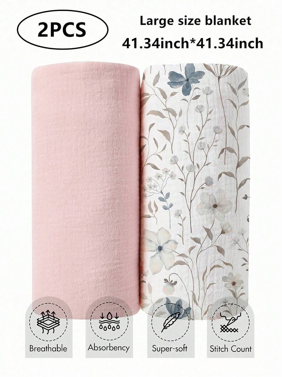 2条装柔软棉纱布襁褓毯，透气轻薄，适合新生儿及婴幼儿，男女宝宝均适用，卡通图案 - 彩色 - 查看 1