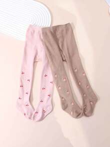 2pcs Baby Girls' Cute Cherry Blossom Pattern Stirrup Tights, Suitable For Everyday Wear - Multicolor - View 4