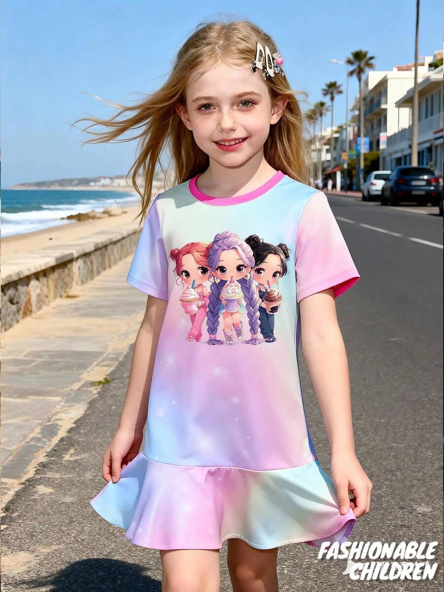 Anime-Style Beautiful Girl Patterns, Girls' Starry Sky Gradient Dresses, Girls' Dresses, Soft And Skin-Friendly, Fashionable And Versatile, Suitable As Birthday Gifts - cầu vồng - Xem 1