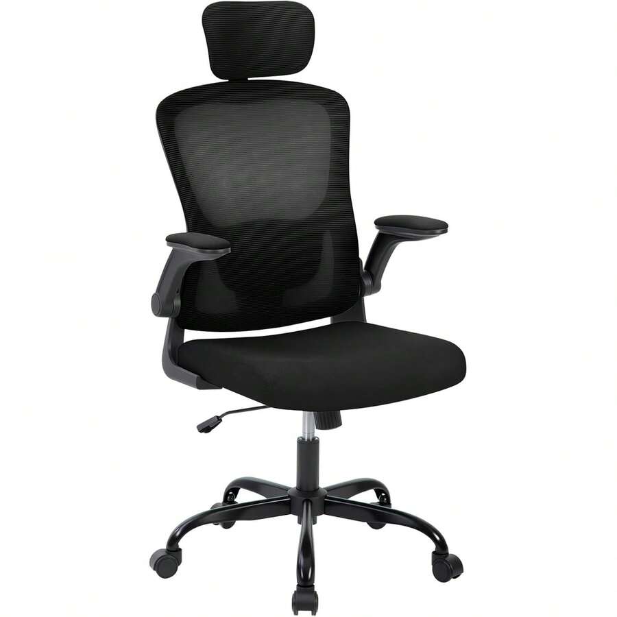 Silla de oficina ergonómica con diseño de malla de espalda alta, reposacabezas ajustables y soporte lumbar, brazos giratorios, silla giratoria rodante para largas horas, oficina en casa, sala de estudio, dormitorio - Negro - Ver 1