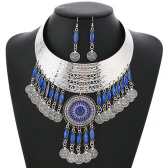 复古花卉图案颈链，波西米亚风硬币流苏几何水钻项链，女士派对配饰，短款首饰