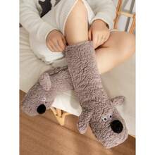 1 Pair Women's Warm Fuzzy Anti-Slip Socks, Halloween Accessory, Christmas Gift, Plush Socks, Winter House Slippers - Brown - View 3