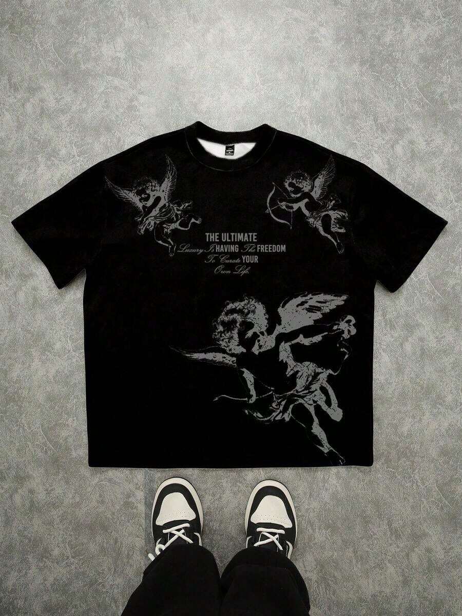 Unisex Printed T-Shirt Manfinity Roghcode, Casual Short-Sleeve Crew Neck T-Shirt For Men, Angel Print, For Summer - 1 - Xem 1