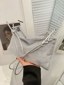 Fashionable Rhinestone Embellished Large Capacity Crossbody Bag, Gold Color Clutch Purse, Rhinestone Gold Wallet For Wedding Women's Sparkling Rhinestone Decorated Clutch Purse, Knotted Handle Handbag Shiny Rhinestone Hobo Dumpling Bag, Sparkling Rhinestone Evening Clutch Purse Rhinestone Purse Sparkly Evening Bag, Silver Clutch Purses For Women Evening, Cross Body Handbags For Party Prom Club Wedding - Silver - View 1