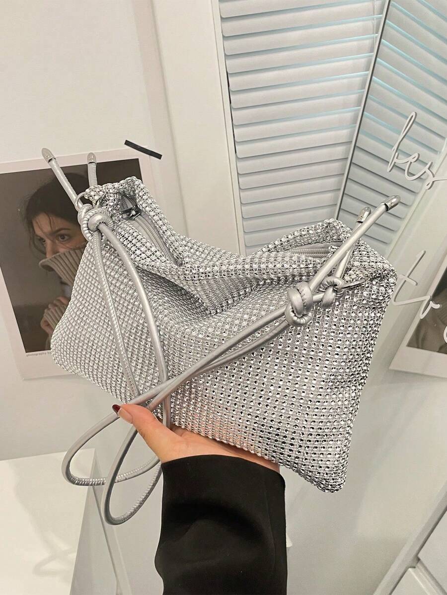 Fashionable Rhinestone Embellished Large Capacity Crossbody Bag, Gold Color Clutch Purse, Rhinestone Gold Wallet For Wedding Women's Sparkling Rhinestone Decorated Clutch Purse, Knotted Handle Handbag Shiny Rhinestone Hobo Dumpling Bag, Sparkling Rhinestone Evening Clutch Purse Rhinestone Purse Sparkly Evening Bag, Silver Clutch Purses For Women Evening, Cross Body Handbags For Party Prom Club Wedding - Silver - View 1