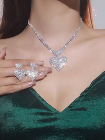 3 delar elegant och lyxigt hjärtformat kristallhalsband, örhängen och smyckeset, alla hjärtans dag begränsad upplaga - lämplig för kvinnors vardagskläder, bröllop, fester etc.