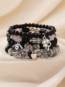Bộ 4 vòng tay hạt thủy tinh phong cách Bohemian quyến rũ với hình mắt, cỏ bốn lá, trái tim, bướm, và hạt bồ đề, thích hợp cho nữ giới đeo hàng ngày, đi biển và du lịch. - Mắt, cỏ bốn lá, bướm - Xem 13