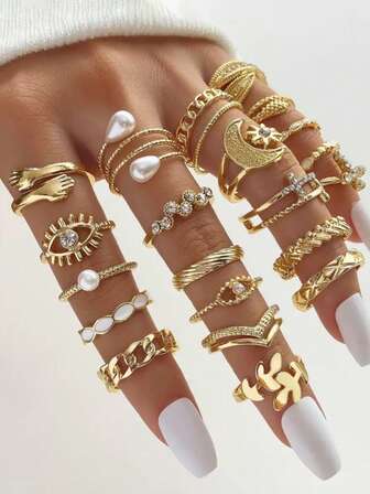 1pc Ring Inlaid With 23 Rhinestones And Faux Pearls