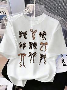 少女休闲蝴蝶结印花短袖T恤，夏季 - 白色 - 查看 3