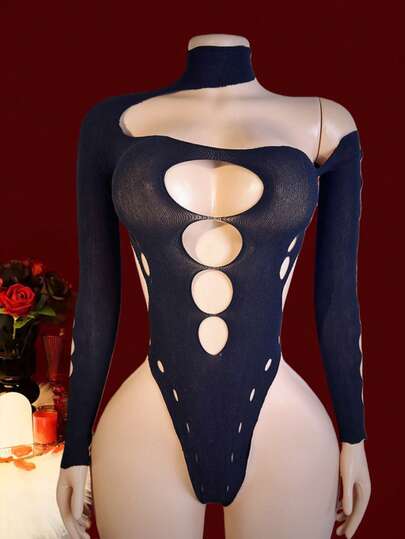 1pc Sexy Lingerie Lace-Up Jacquard Bikini Crotch Long Sleeve Bodysuit Mesh Women's Sexy Nightwear