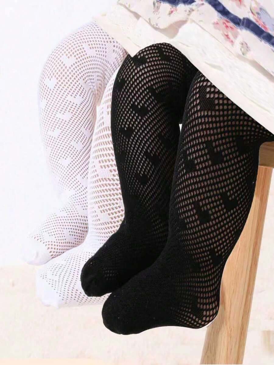 2雙女嬰愛心圖案鏤空褲襪適用於日常生活 - 黑與白 - 查看 1