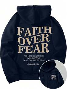 Men's Letter Graphic Hoodies Long Sleeve Faith Over Fear Hoodies Pullover Sweatshirt StreetwearBack To School Hoodie Teen, A Great Gift For Boyfriend - 寶藍色 - 查看 1