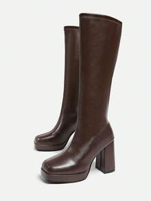 大码粗跟骑马靴，新款女士高跟方头侧拉链靴，适合秋冬季节，女士厚底高跟鞋 - 棕色 - 查看 4