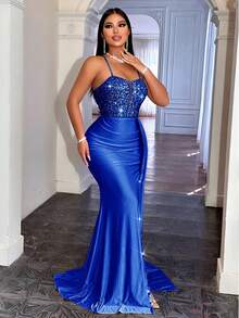 CHOSMO Plus Size Women's Shiny Elegant Party Mature Family Holiday Date Formal Evening Cocktail Gift Slip Dress - Blue - View 6