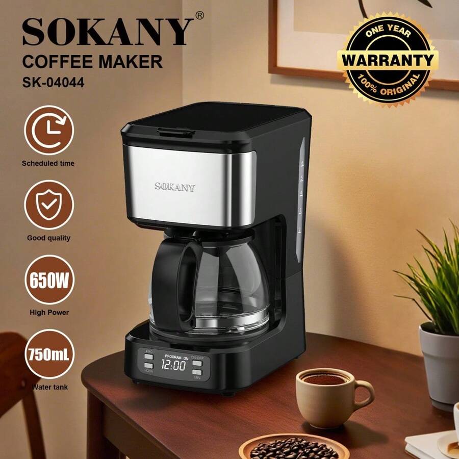 SOKANY 04044 商用美式高级咖啡机，咖啡/茶二合一，650W 高效加热，耐用金属机身，预浸泡技术提升萃取，充分释放咖啡风味，750ml 大容量一次可供 6 人享用，24 小时预设，清晨即可享用新鲜现煮咖啡，适用于宿舍、家庭和办公室。 - 查看 1