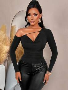 AIJ Capa base de manga larga con volantes unicolor, con hombros descubiertos, de estilo influyente de moda para mujer, para otoño/invierno - Negro - Ver 4