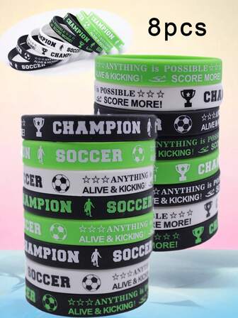 8条装运动足球硅胶腕带，防水耐用，适合运动爱好者和足球迷佩戴，也可作为礼物送给朋友。