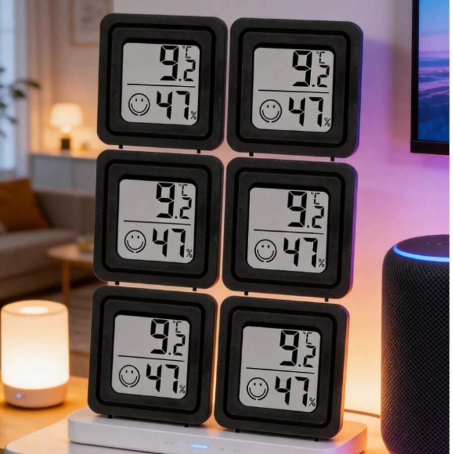 6 pièces Hygromètre thermomètre numérique noir moderne - Moniteur de pièce avec visage souriant, convient pour la maison, le bureau et la chambre | Thermomètre et hygromètre précis avec affichage facile à lire