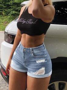 Women's Bestseller Stretchy High Waist Ripped Denim Shorts For Women - Sexy Wheat Skin Tone Curvy Fit | Elastic Fabric | Perfect For Summer Sexy Outings/Date Outfit - 淺色水洗藍 - 查看 2